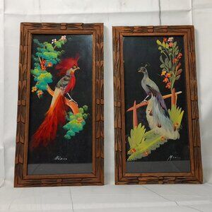 Mexican Feathercraft Bird Folk Art Picture Hand Carved Wood Frame 12.5" Set Of 2